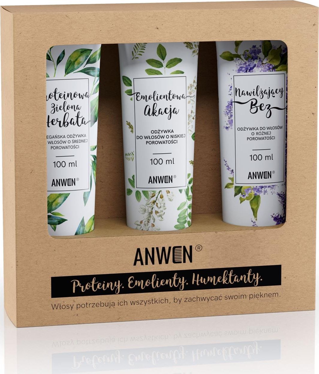 Anwen ANWEN_SET Odzywki do wlosow o niskiej porowatosci Proteinowa Zielona Herbata 100ml + Emolientowa Akcja 100ml + Nawilzajacy Bez 100ml 5