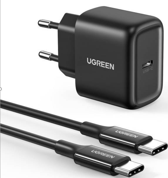 Wall charger UGREEN CD250, 25W, USB-C (black) + USB-C to USB-C cable, 2m (black) iekārtas lādētājs