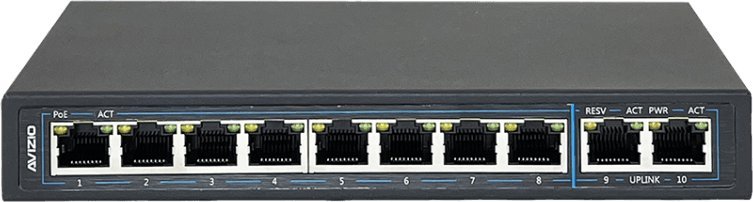 AVIZIO Switch 8x RJ45 PoE 1Gb/s + 2x RJ45 Uplink 1Gb/s komutators