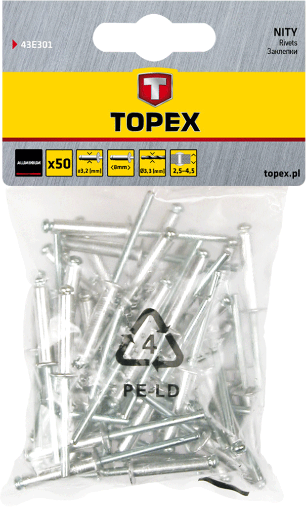 Topex Nity aluminiowe 3,2x10mm 50szt. - 43E302 T 43E302 (5902062020192)
