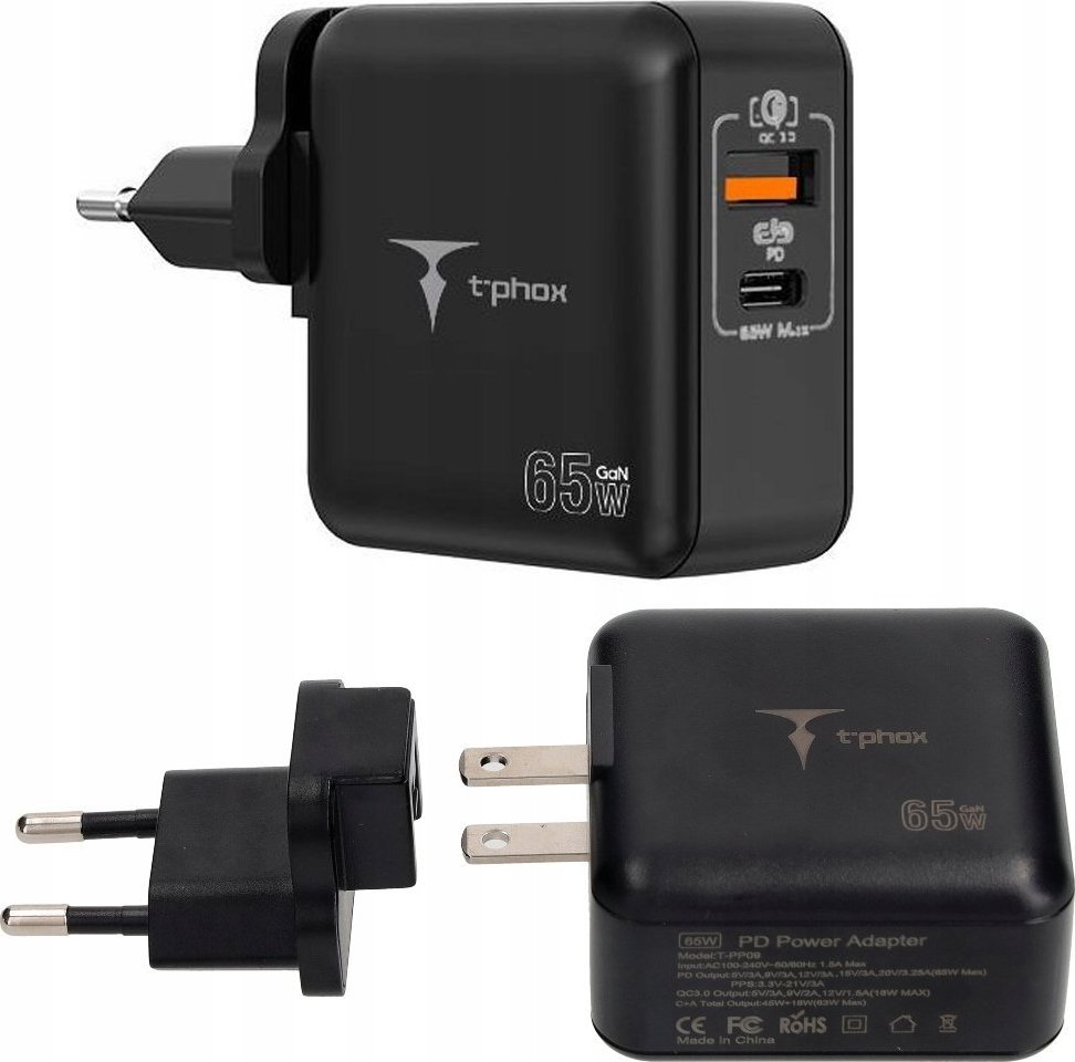 Ladowarka T-Phox LAD SIEC T-PHOX MEGA T-PP09 GAN PD 65W USB/USB-C BLACK 12480555 (6974670441125) iekārtas lādētājs