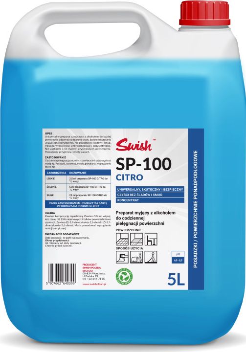 Swish Swish SP - 100 Citro Preparat z alkoholem do codziennej pielegnacji powierzchni, cytrusowy 5 l SWISH/SP100CITRO/5L (5907662640399) Sadzīves ķīmija