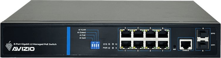 AVIZIO Switch 8x RJ45 PoE 1Gb/s + 2x SFP Uplink 1Gb/s + 1 RJ45 console port komutators