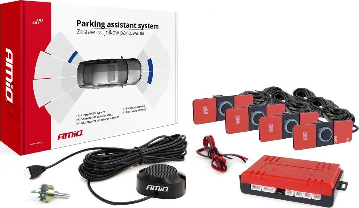 AMiO Zestaw czujnikow parkowania cofania buzzer 4 sensory czarne wewnetrzne 16,5mm