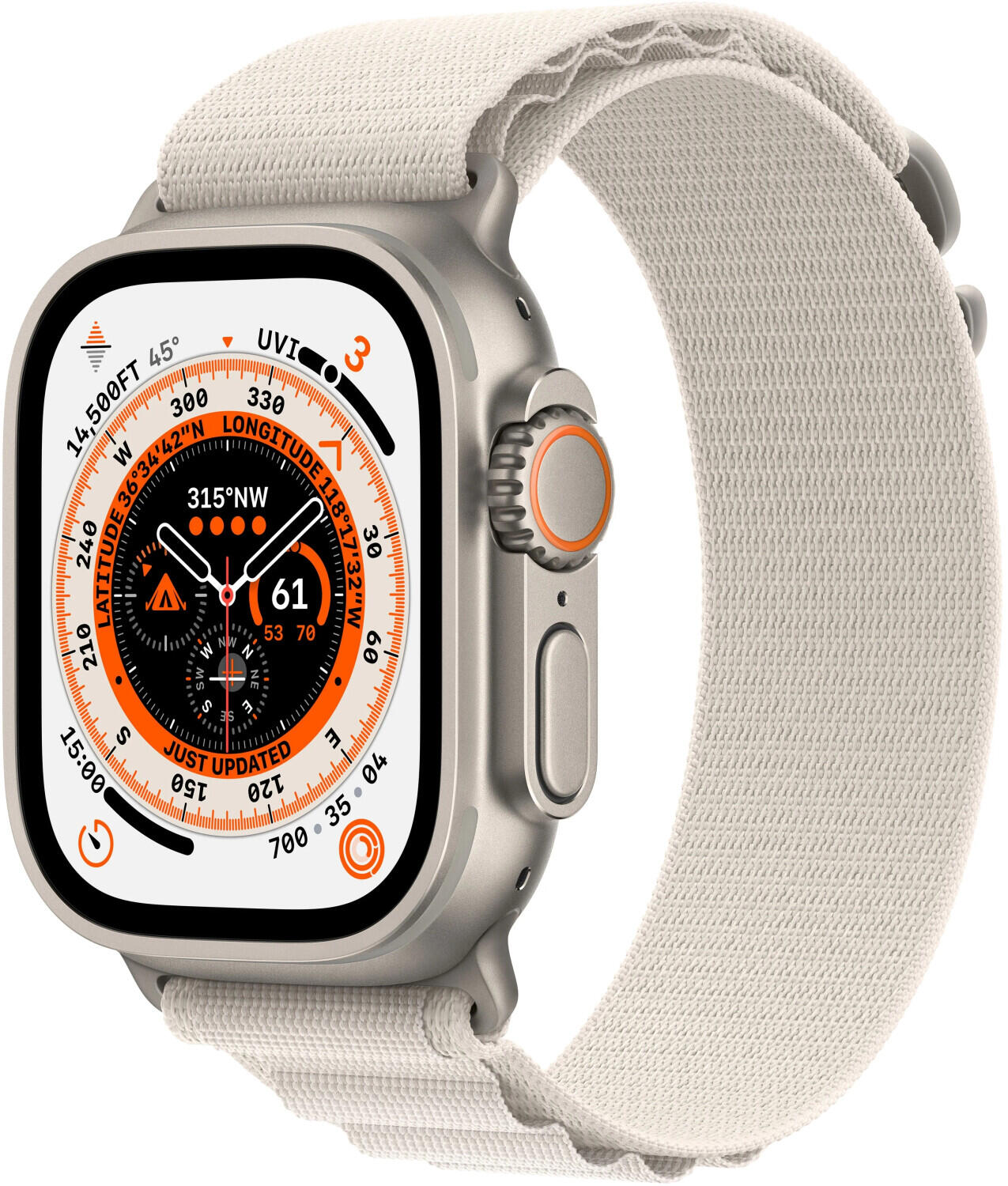 Apple Watch Ultra GPS + Cellular, 49mm Titanium Case with Starlight Alpine Loop - Small,Model A2684 Viedais pulkstenis, smartwatch