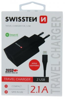 Swissten Smart IC Tīkla Lādētājs 2x USB 2.1A Ar Lightning (MD818) vadu 1.2 m Melns iekārtas lādētājs