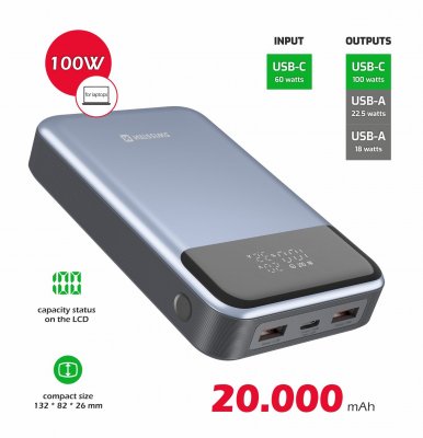 Swissten Power Bank Ārējas uzlādes baterija Datoram 20 000 mAh 100W Powerbank, mobilā uzlādes iekārta