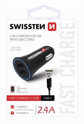 Swissten Premium Auto Lādētājs 12 / 24V / 1A + 2.1A + USB-C Datu Kabelis 100 cm Melns iekārtas lādētājs