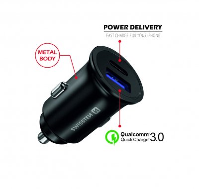 Swissten Metāla Auto Lādētājs ar Power Delivery USB-C + Quick Charge 3.0 / 36W Mobīlajiem telefoniem un Planešetdatoriem / Melns