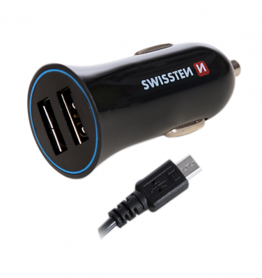 Swissten Premium Auto Lādētājs 12 / 24V / 1A + 2.1A un Micro USB vads 150 cm Melns iekārtas lādētājs