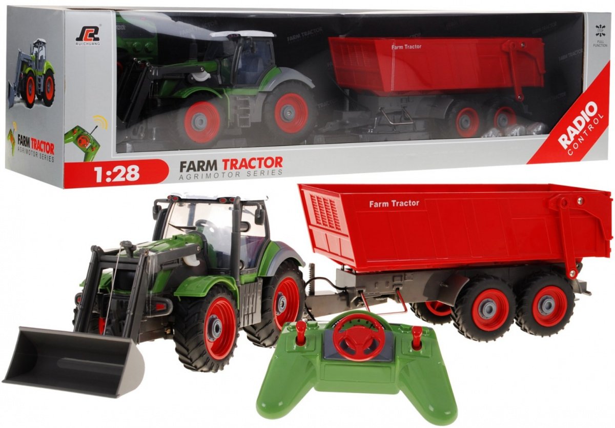 RoGer Green Lauksaimniecības traktors zaļš ar sarkanu piekabi 1:28 ZRC.QY8301BG (5903864900934) Radiovadāmā rotaļlieta