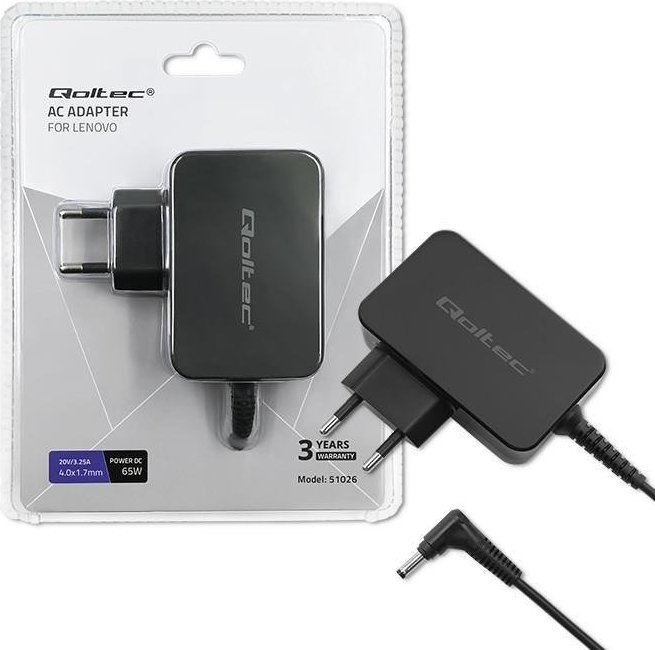 Qoltec Power adapter for Lenovo 65W, 20V, 3.25A, 4.0x1. portatīvo datoru lādētājs