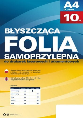 Argo Blyszczaca folia poliestrowa z klejem A4, 10 sztuk (434020) 434020 (5903069011374) uzlīmju printeris