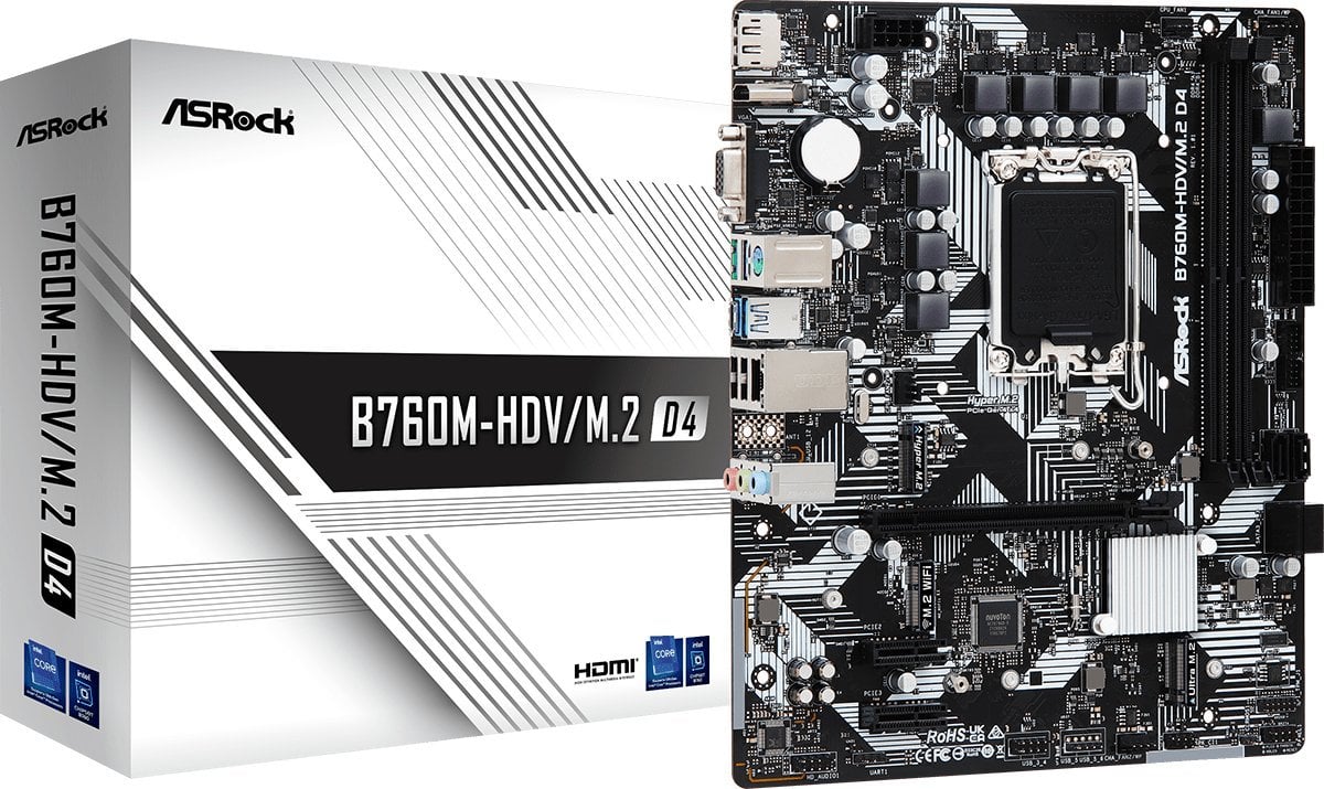 ASRock B760M-HDV/M.2 D4, Intel B760 Mainboard - Socket 1700, DDR4 pamatplate, mātesplate