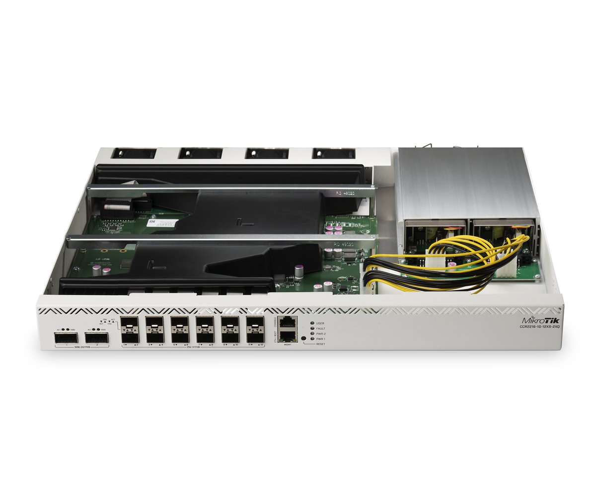 MikroTik CCR2216-1G-12XS-2XQ | Router | 12x SFP28, 2x QSFP28, 1x RJ45 1000Mb/s, 2x M.2 SATA Rūteris