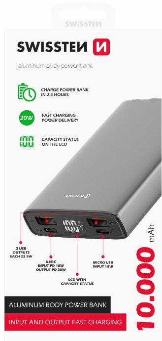 Swissten Power Bank Aluminum 10000 mAh 20W Power Delivery szary Powerbank, mobilā uzlādes iekārta