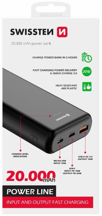 Swissten Line Power Banka Ārējās Uzlādes Baterija USB / USB-C / Micro USB / 20W / 20000 mAh Powerbank, mobilā uzlādes iekārta