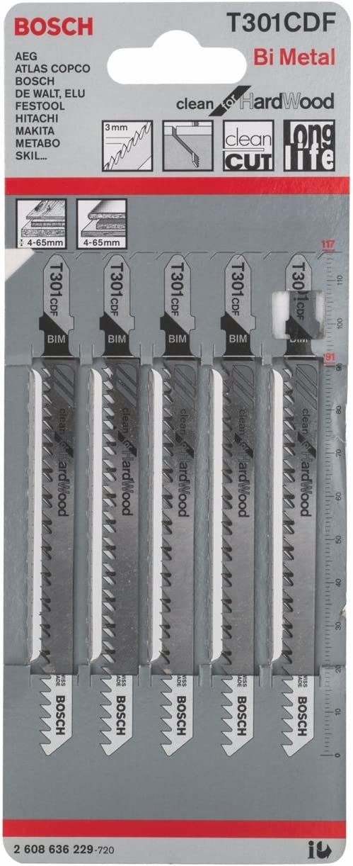 Bosch jigsaw blade T 301 CDF Clean for Hard Wood, 117mm (5 pieces) 2608636229 (3165140264389)