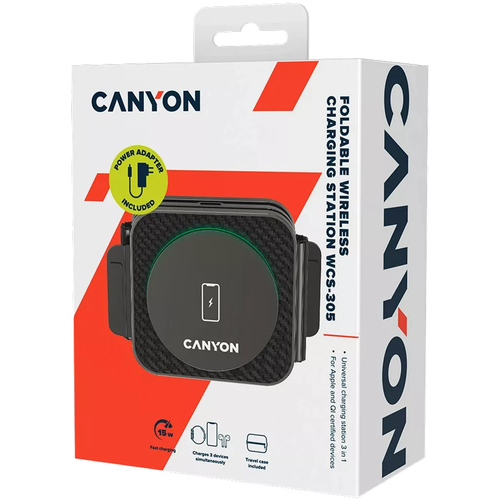 CANYON WS-305, Foldable 3in1 Wireless charger with case, touch button for Running water light, Input 9V/2A,  12V/1.5AOutput 15W/10W/7.5W/5W, aksesuārs mobilajiem telefoniem