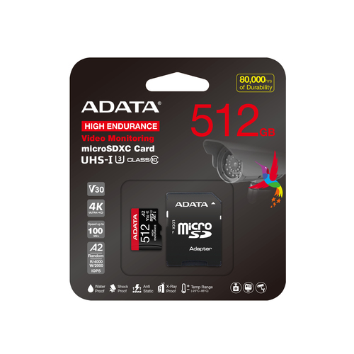 ADATA High Endurance MicroSDXC 512 GB Class 10 UHS-I/U3 A2 V30 (AUSDX512GUI3V30SHA2-RA1) USB Flash atmiņa