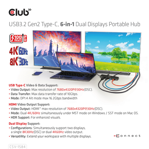 Club3D USB-C Dock > HDMI/USB-C(8K)/2xUSB/USB-C(PD100W)/RJ45 retail USB centrmezgli