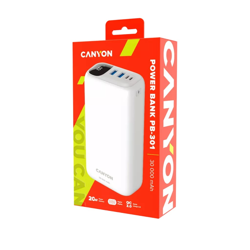 Canyon Powerbank PB-301   30000 mAh  PD/QC/Display     white retail Powerbank, mobilā uzlādes iekārta