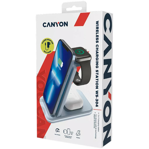 CANYON  Foldable  3in1 Wireless charger, with touch button for Running water light, Input 9V/2A,  12V/1.5AOutput 15W/10W/7.5W/5W, Type c to aksesuārs mobilajiem telefoniem