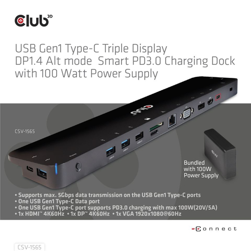 Club3D 4K ChargingDock USB-C ->5xUSB3/DP/HDMI/VGA/LAN   100W retail dock stacijas HDD adapteri