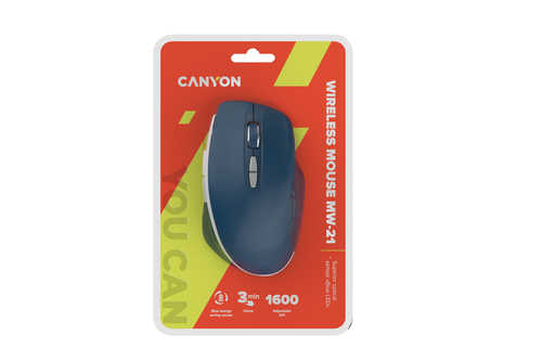 CANYON MW-21, 2.4 GHz  Wireless mouse ,with 7 buttons, DPI 800/1200/1600, Battery: AAA*2pcs,Blue,72*117*41mm, 0.075kg Datora pele