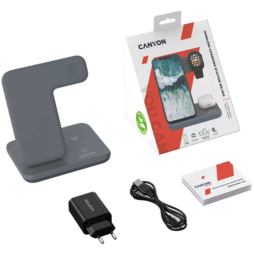 CANYON WS-303, 3in1 Wireless charger, with touch button for Running water light, Input 9V/2A, 12V/2A, Output 15W/10W/7.5W/5W, Type c to USB- aksesuārs mobilajiem telefoniem