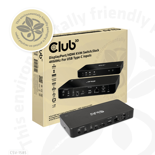 Club3D KVM Switch 4K60Hz 2x USB-C> HDMI/DP/3xUSB/2xUSB-C/LAN retail KVM komutators