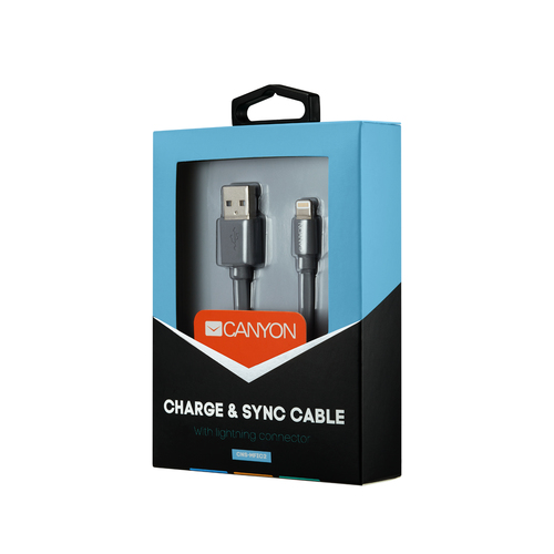 CANYON Charge & Sync MFI flat cable, USB to lightning, certified by Apple, 1m, 0.28mm, Dark gray kabelis, vads