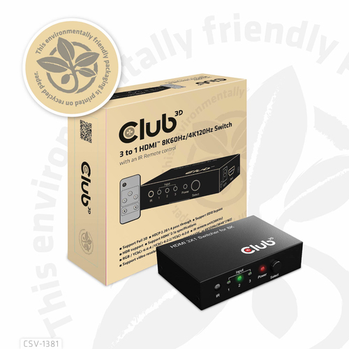 Club3D HDMI Switchbox 3 Eingange -> 1 Ausgang  8K60Hz UHD retail dock stacijas HDD adapteri