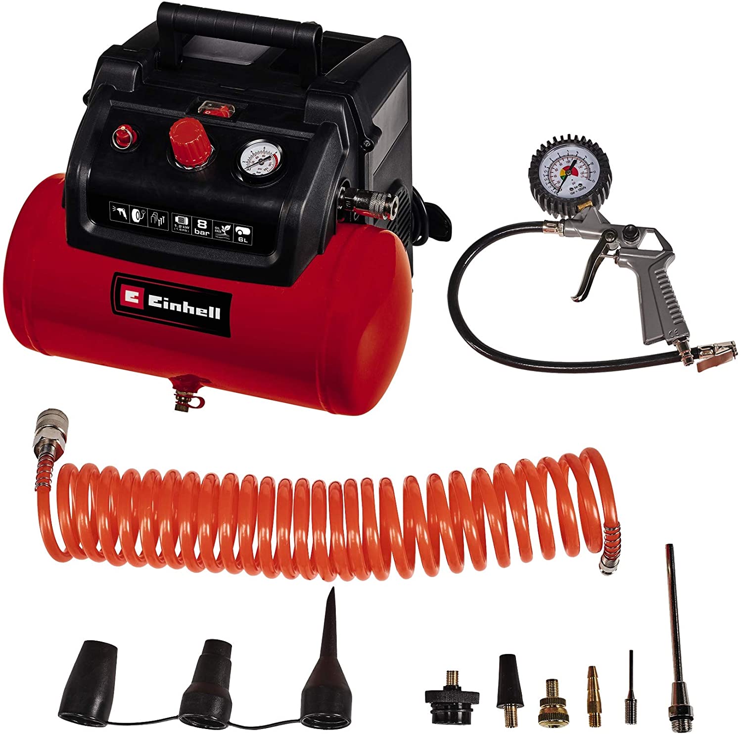 Einhell Compressor TC-AC 190/6/8 OF Set (red/black, 1,200 watts, tire inflator, compressed air hose) 4020650 (4006825641578)