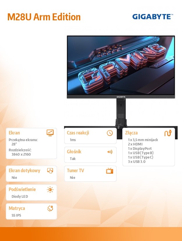 Gigabyte M28U Arm Edition 71.1 cm 28" 3840 x 2160 pixels 4K Ultra HD LED Black 4719331836481 monitors