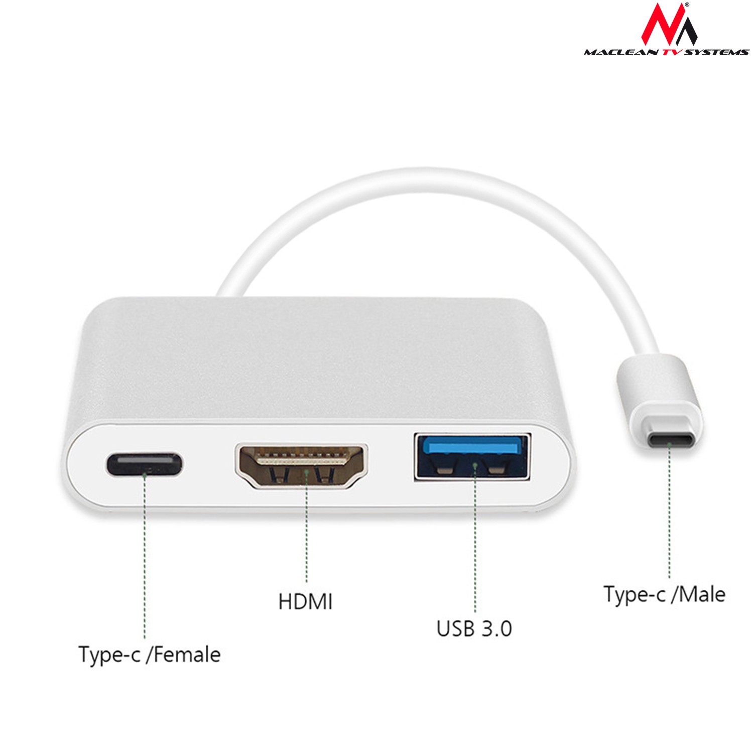 Maclean MCTV-840 Adapter USB-C - HDMI / USB 3.0 / USB-C metal housing 4K OTG USB kabelis