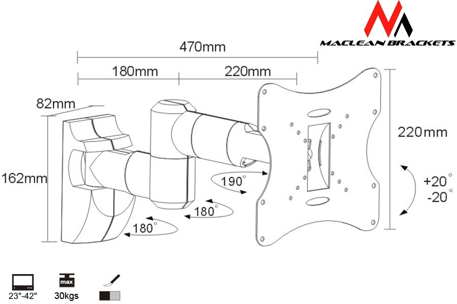 Maclean MC-503S (Rotary, Tilting, Wall; 23" - 42"; max. 30kg) TV stiprinājums