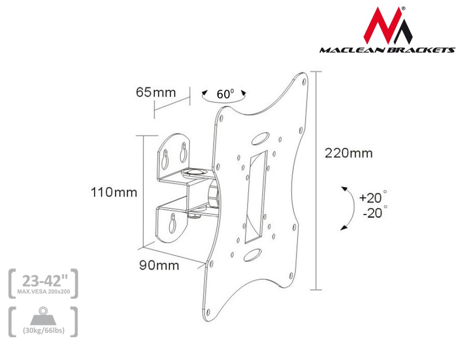 Maclean MC-501A Universal Wall TV Bracket 23-42" up to 30kg vesa 200x200 Black TV stiprinājums