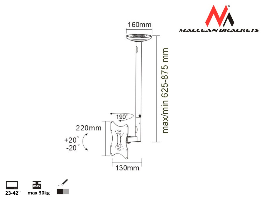 Maclean Ceiling mount MC-504A 23'' - 42'' TV stiprinājums