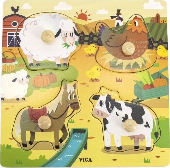 Viga Toys VIGA Drewniane Puzzle z Pinezkami Farma 12m+ 44592 (6971608445927) bērnu rotaļlieta