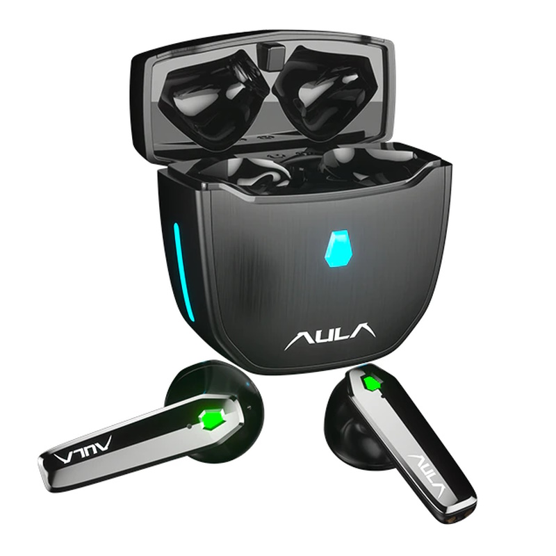 Aula F101 Spēļu Stereo Bluetooth 5.0 Bezvadu Hi-Fi Austiņas ar HD Mik. / Uzlādes maku Melna austiņas