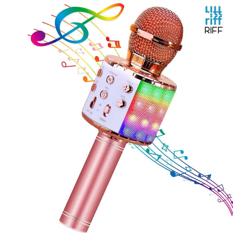 Riff WS-858 Karaoke Bērnu & Vecāku Prieka Efektu Mikrofons ar skaļruņiem & Ierakstu Micro USB AUX Rozā Zeltains Mikrofons
