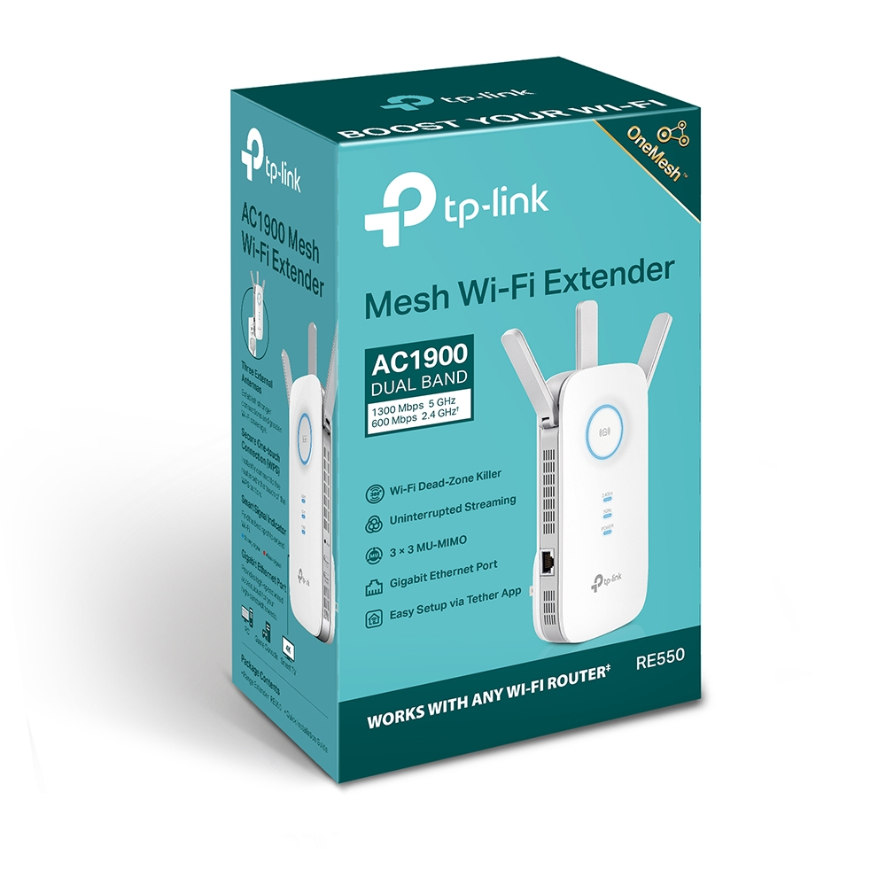 TP-LINK AC1900 Wi-Fi Range Extender RE550 802.11ac, 2GHz/5GHz, 600+1300 Mbit/s, 10/100/1000 Mbit/s, Ethernet LAN (RJ-45) ports 1, no PoE, An Access point