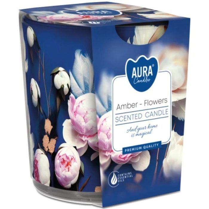 Svece arom.stikla trauc. Aura Amber-flowers 22h 641071