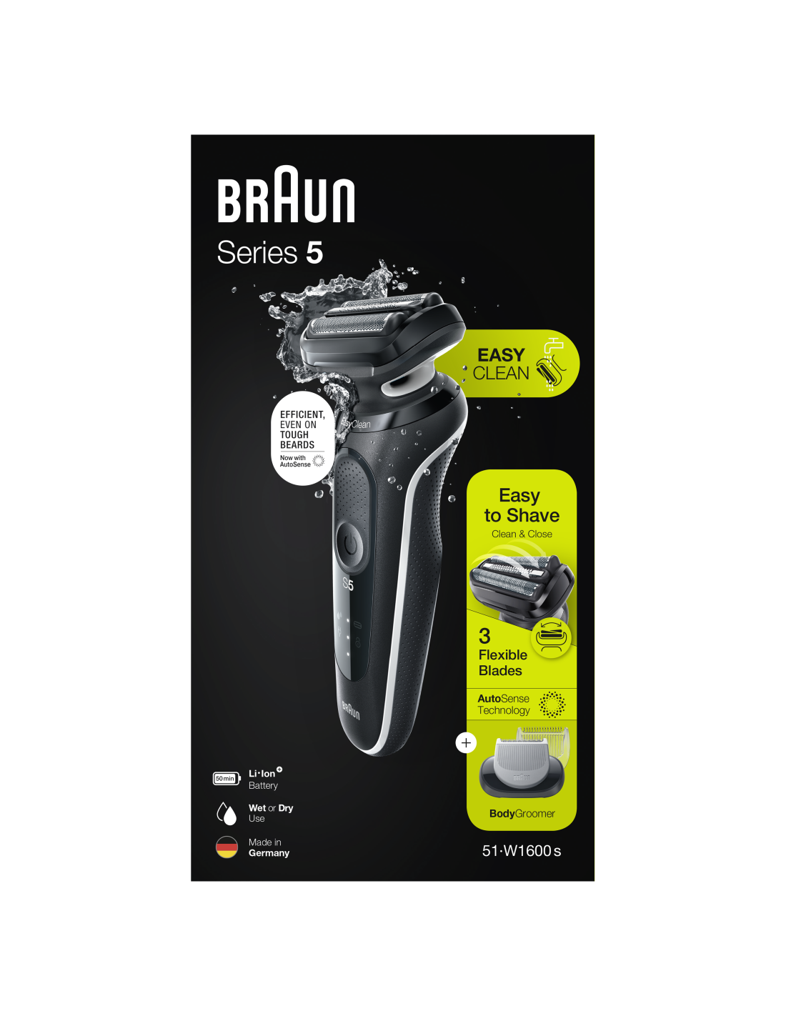 Braun Shaver 51-W1600s	 Operating time (max) 50 min, Wet & Dry, Black/White Vīriešu skuveklis