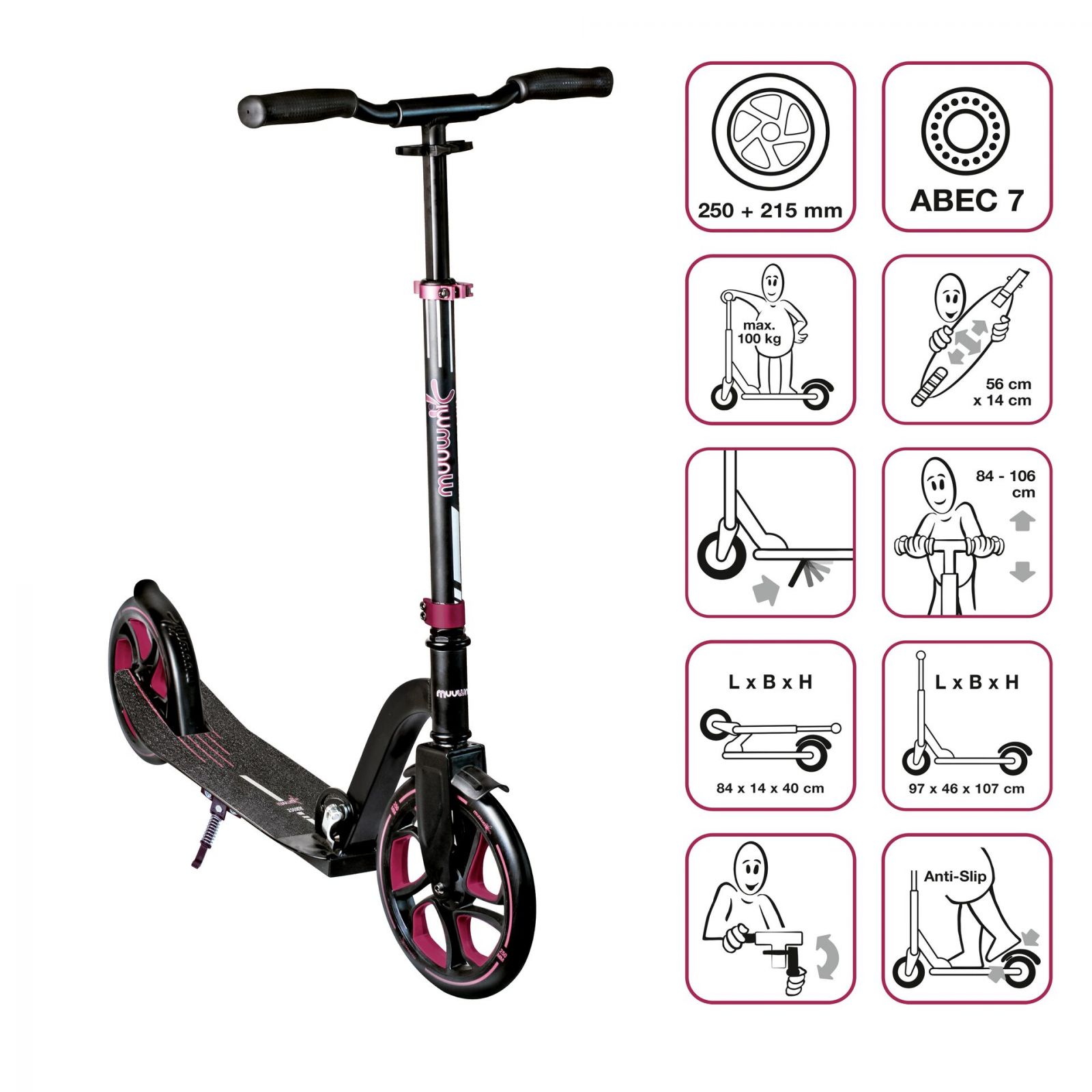 Akcija! MUUWMI Aluminium Scooter PRO skrejritenis 250/215 mm, sarkans AU 580 Skrejriteņi