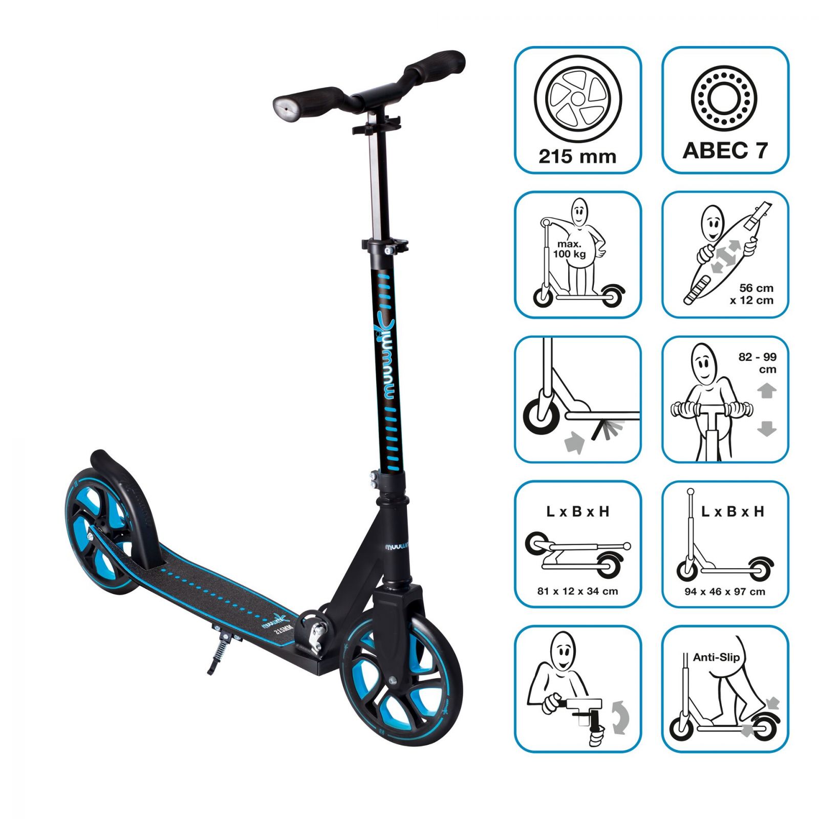 MUUWMI Aluminium Scooter PRO skrejritenis 215 mm, zils AU 567 Skrejriteņi