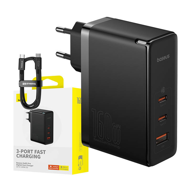 Wall charger Baseus GaN5 Pro 2xUSB-C + USB, 160W (black) iekārtas lādētājs