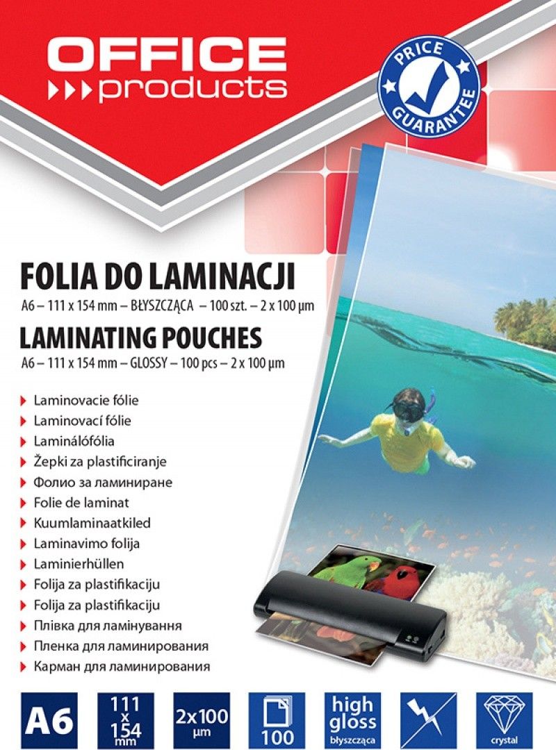 Office Products Folia do laminowania OFFICE PRODUCTS, A6, 2x100mikr., blyszczaca, 100szt., transparentna 8949291 (5901503687314) laminators