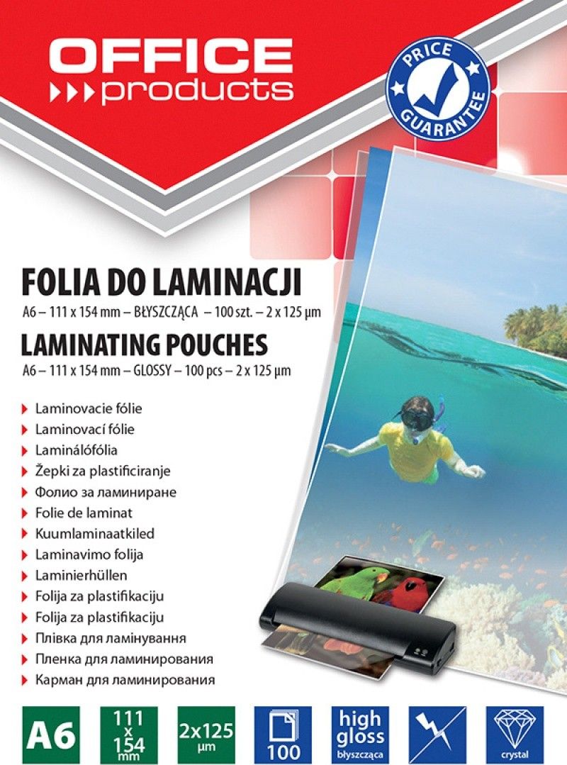 Office Products Folia do laminowania OFFICE PRODUCTS, A6, 2x125mikr., blyszczaca, 100szt., transparentna 20325035-90 (5901503687338) laminators